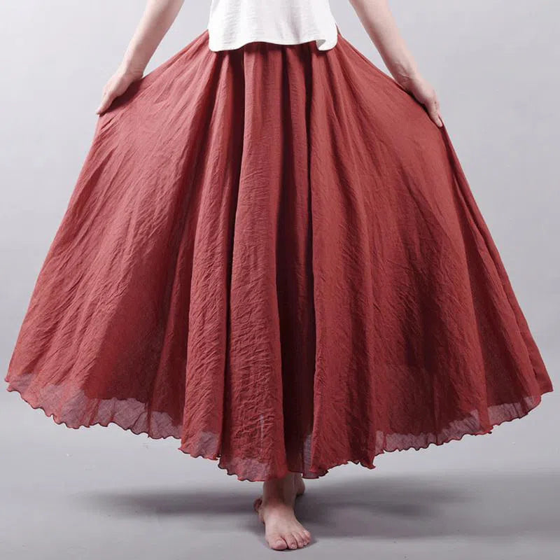 Women's High Waist Linen Maxi Skirt Casual Elastic Two Layers-Maas