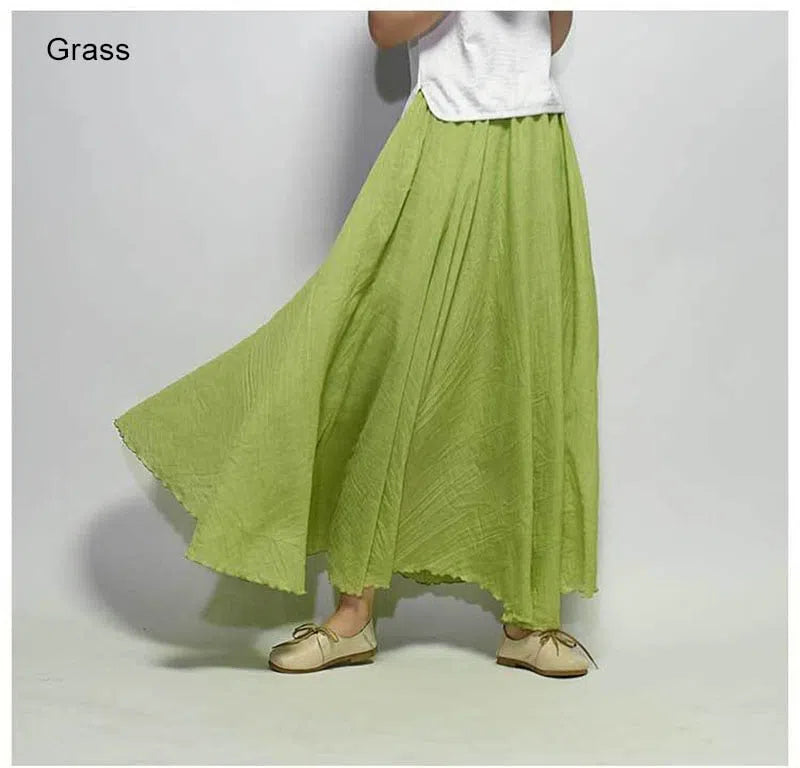 Women's High Waist Linen Maxi Skirt Casual Elastic Two Layers-Maas