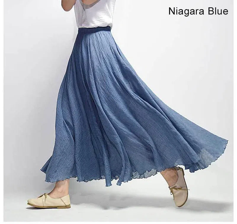 Women's High Waist Linen Maxi Skirt Casual Elastic Two Layers-Maas