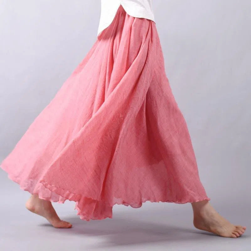 Women's High Waist Linen Maxi Skirt Casual Elastic Two Layers-Maas