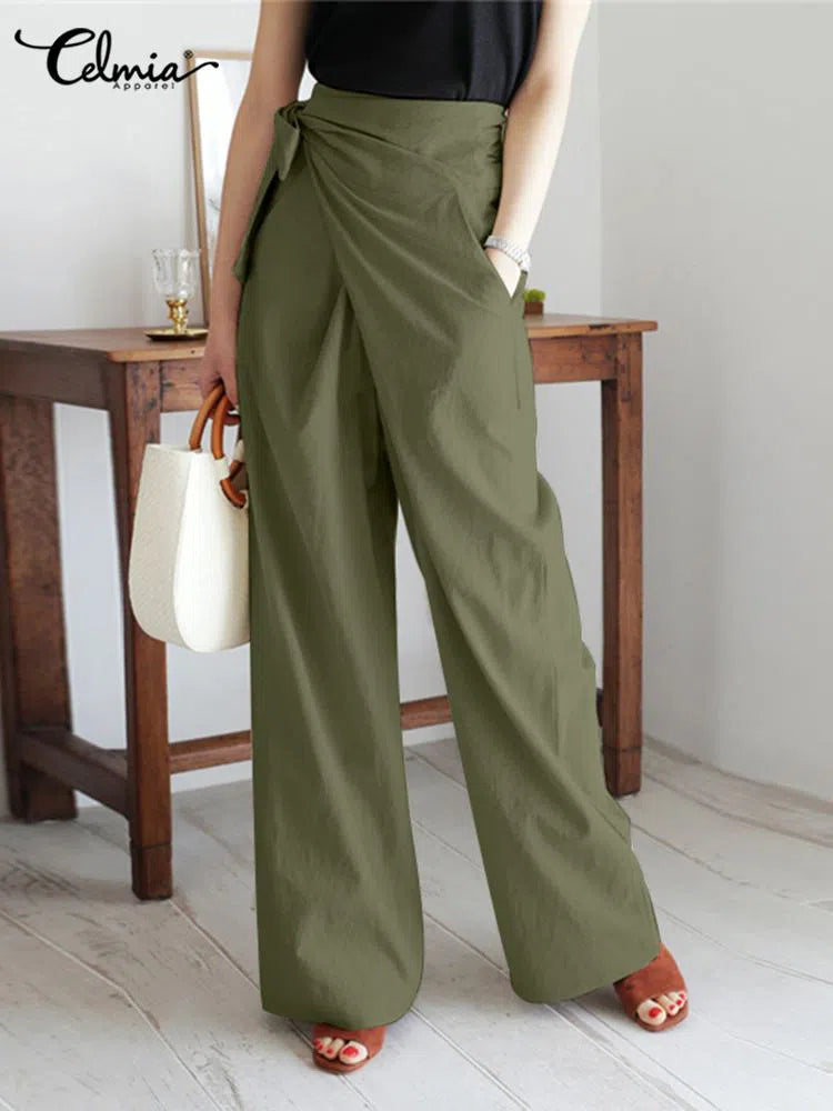 Women's High Waist Pants Cotton Long Trousers Leisure Casual Wide-Maas