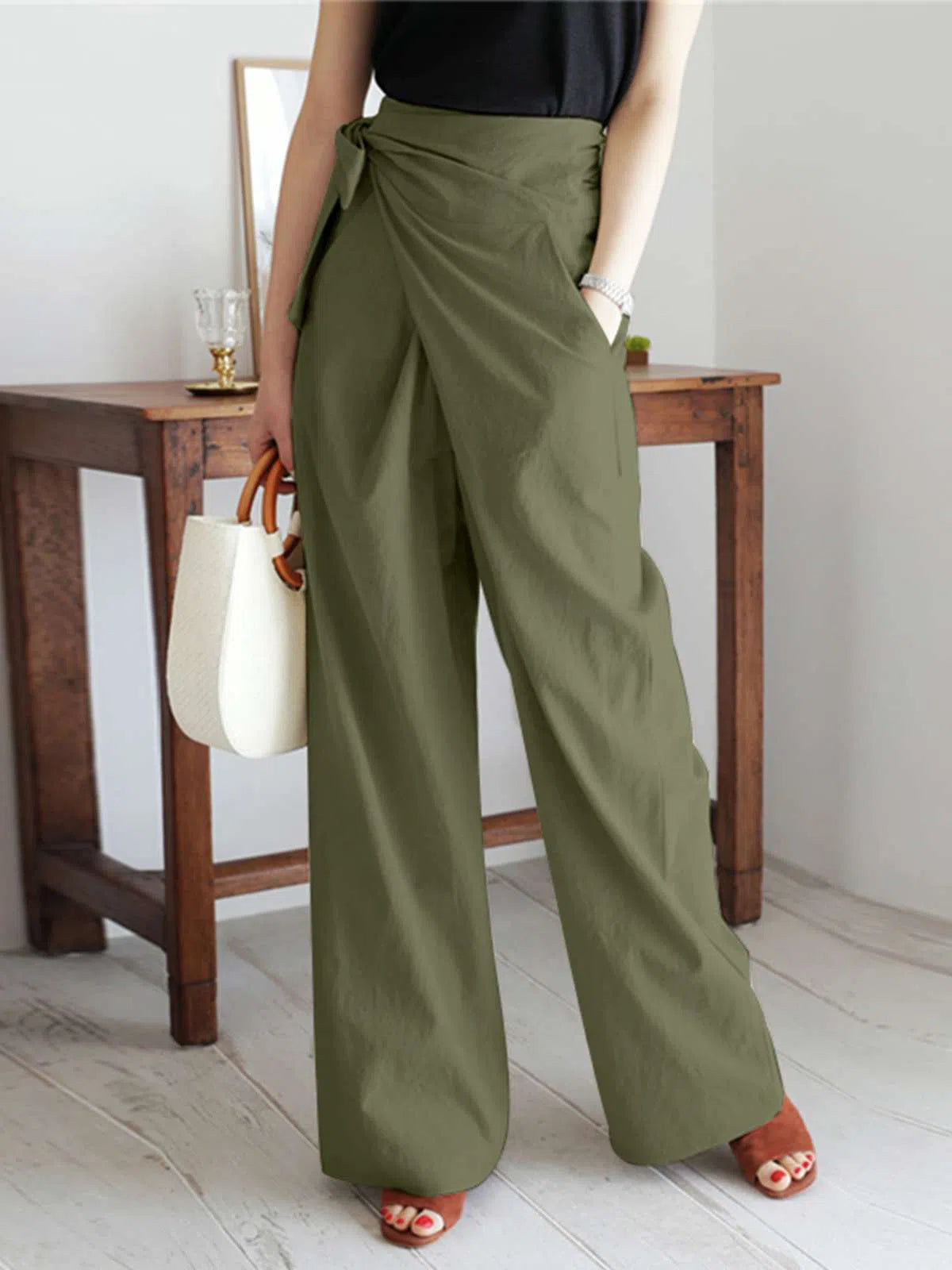 Women's High Waist Pants Cotton Long Trousers Leisure Casual Wide-Maas