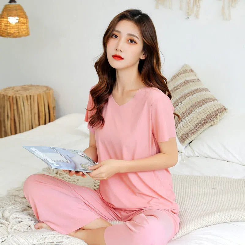 Women's Ice Silk Pajamas Two Piece Set V-neck Short Sleeve-Maas