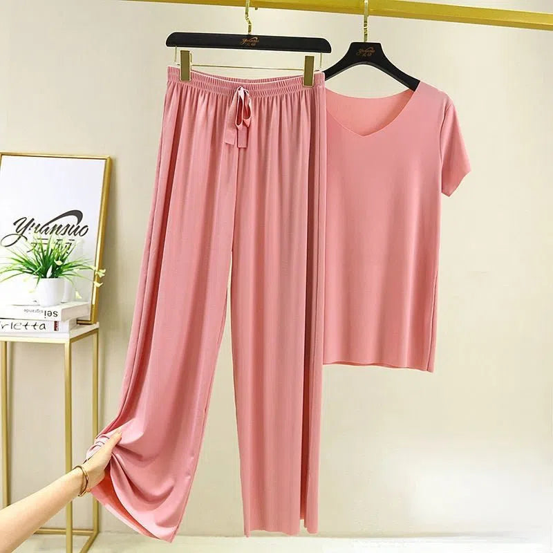 Women's Ice Silk Pajamas Two Piece Set V-neck Short Sleeve-Maas