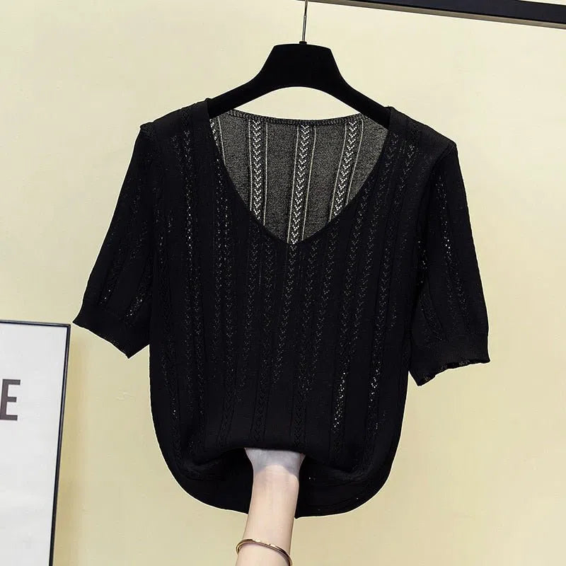 Women's Knitted Sweater Pullovers patchwork V-Neck Short Sleeve Pullovers-Maas