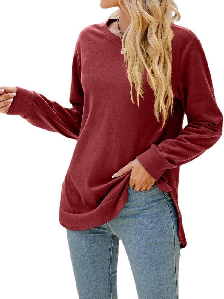 Women's Long Sleeve Round Neck Irregular Split Hem Solid T-shirt Tops-Maas