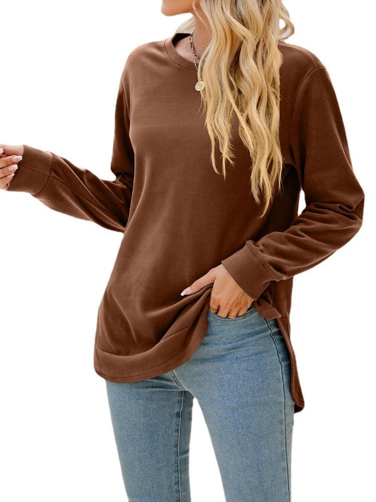 Women's Long Sleeve Round Neck Irregular Split Hem Solid T-shirt Tops-Maas