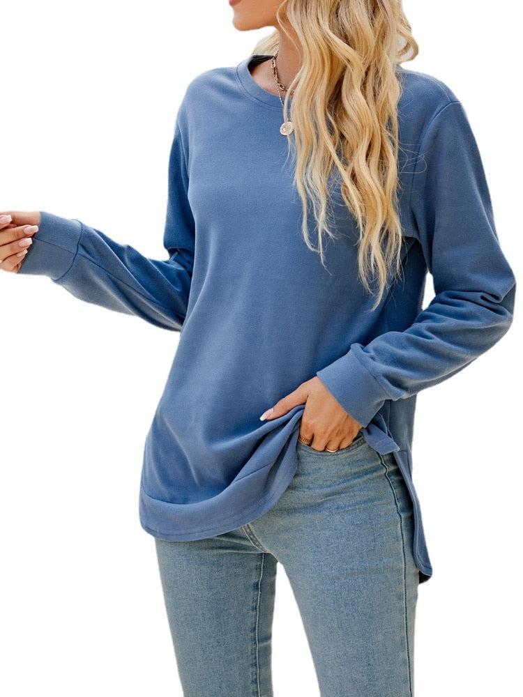 Women's Long Sleeve Round Neck Irregular Split Hem Solid T-shirt Tops-Maas