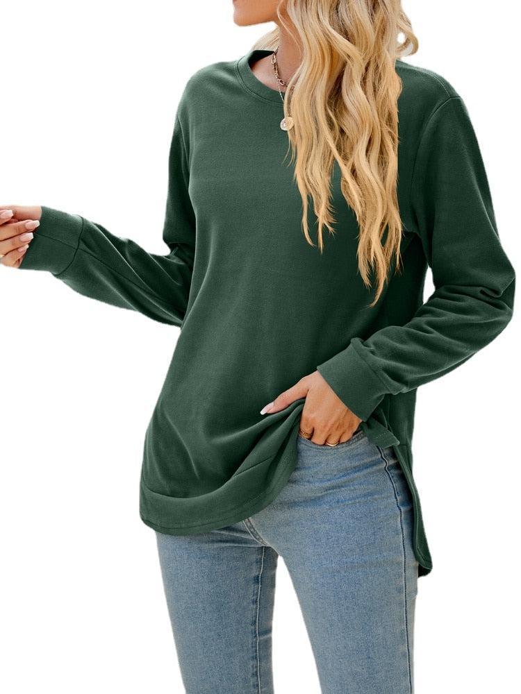 Women's Long Sleeve Round Neck Irregular Split Hem Solid T-shirt Tops-Maas