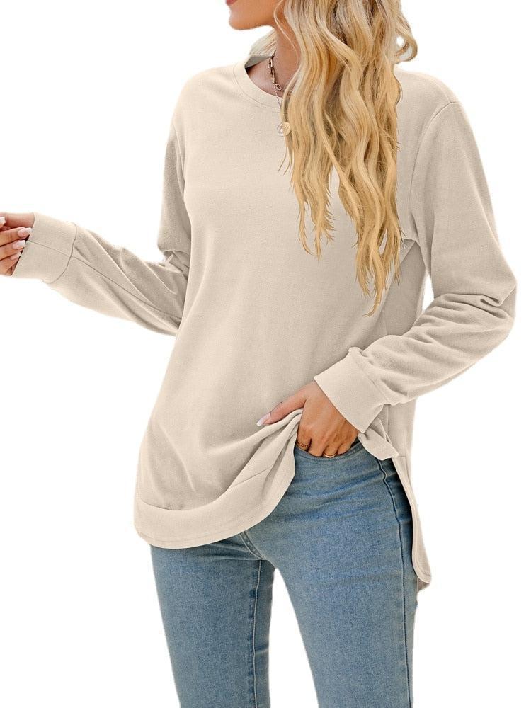 Women's Long Sleeve Round Neck Irregular Split Hem Solid T-shirt Tops-Maas