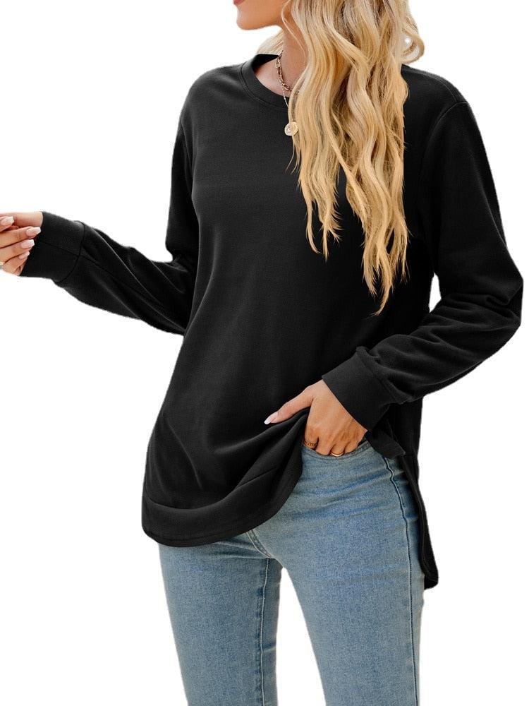 Women's Long Sleeve Round Neck Irregular Split Hem Solid T-shirt Tops-Maas