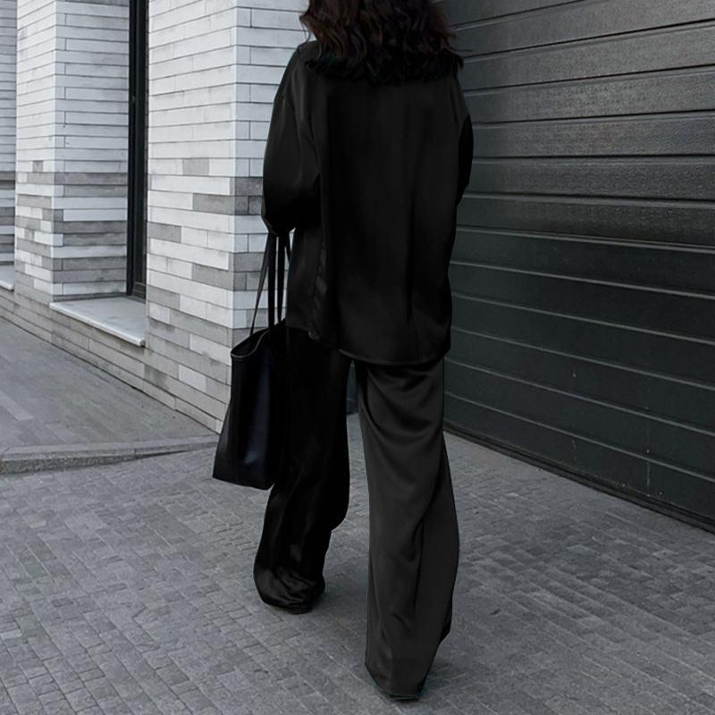 Women's Loose Sets Long Sleeve Shirts Wide Leg Pants Oversized-Maas