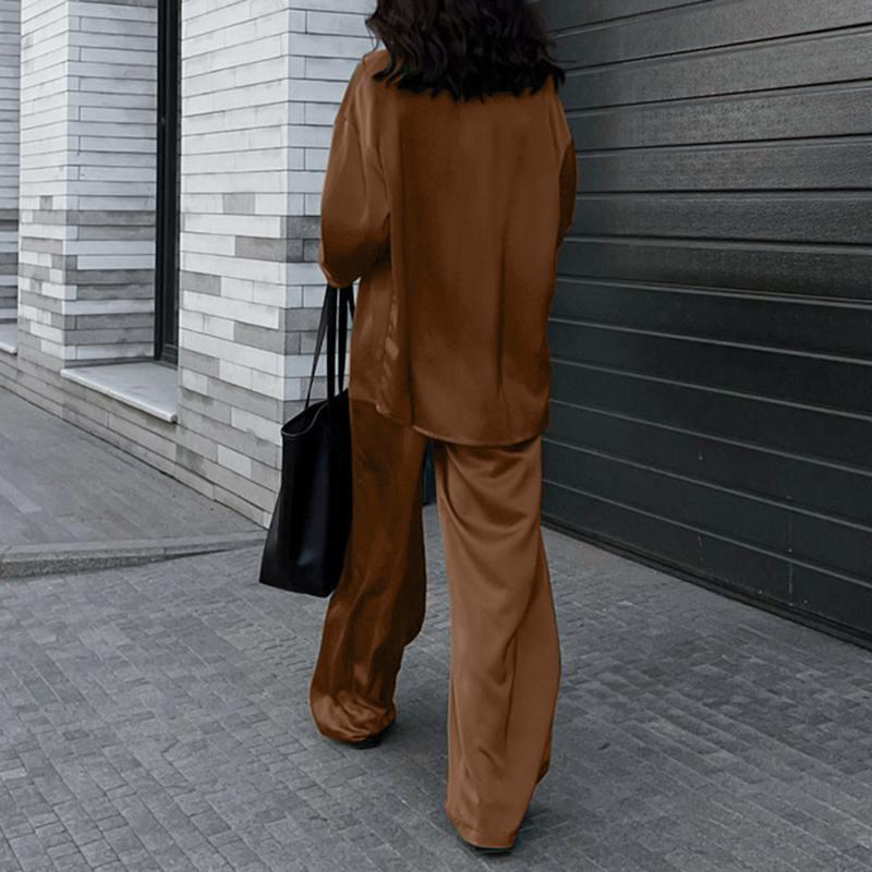 Women's Loose Sets Long Sleeve Shirts Wide Leg Pants Oversized-Maas