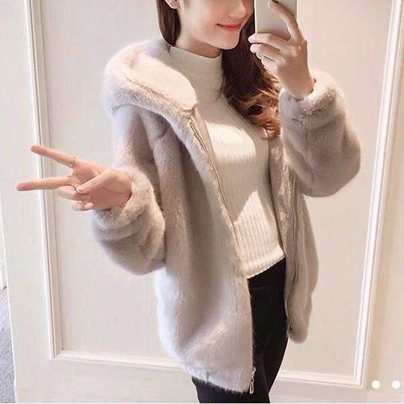 Women's Mink Faux Fur Coat Turn Down Collar Coat Casual Jacket-Maas