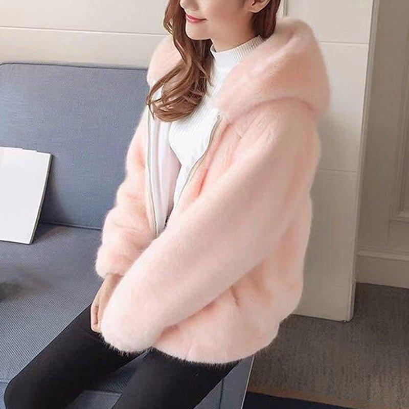 Women's Mink Faux Fur Coat Turn Down Collar Coat Casual Jacket-Maas