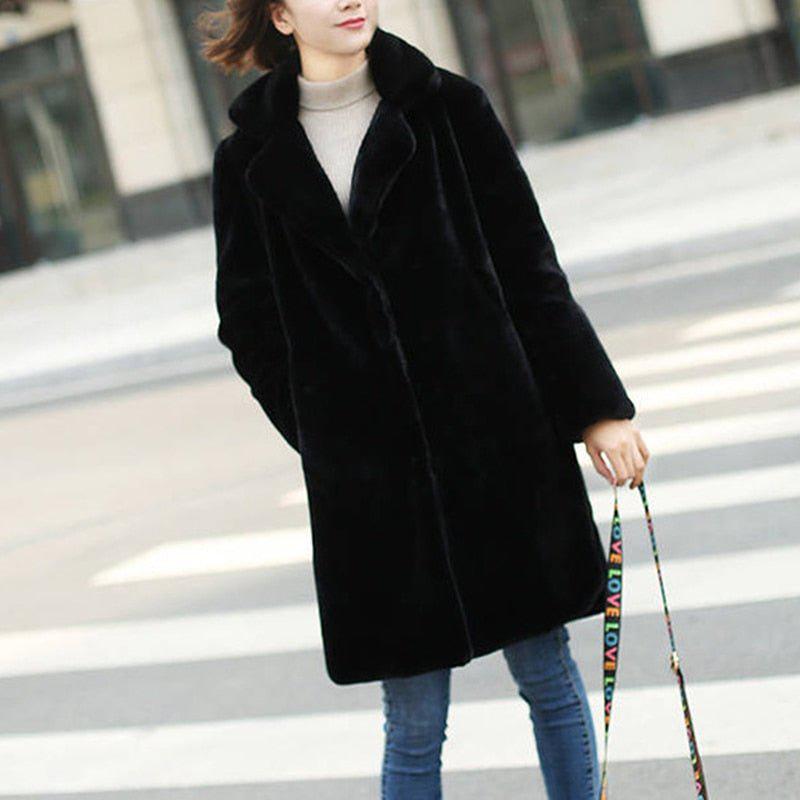 Women's Mink Faux Fur Coat Turn Down Collar Coat Casual Jacket-Maas