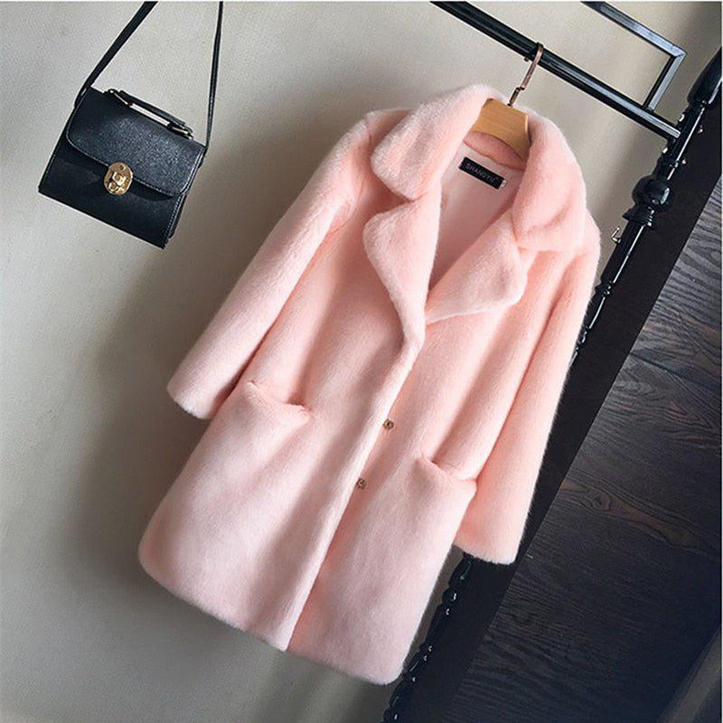 Women's Mink Faux Fur Coat Turn Down Collar Coat Casual Jacket-Maas