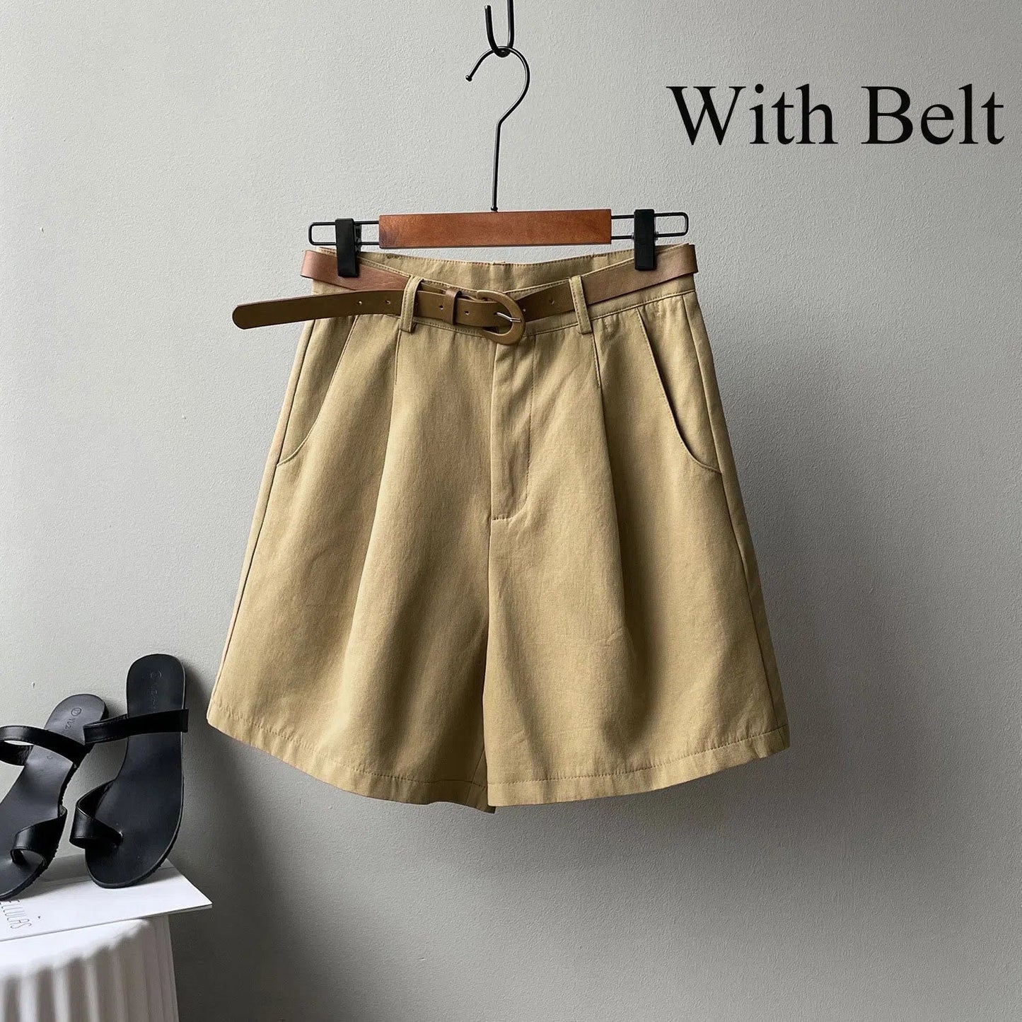 Women's Office Shorts Oversize Button Solid Classic With Belt-Maas