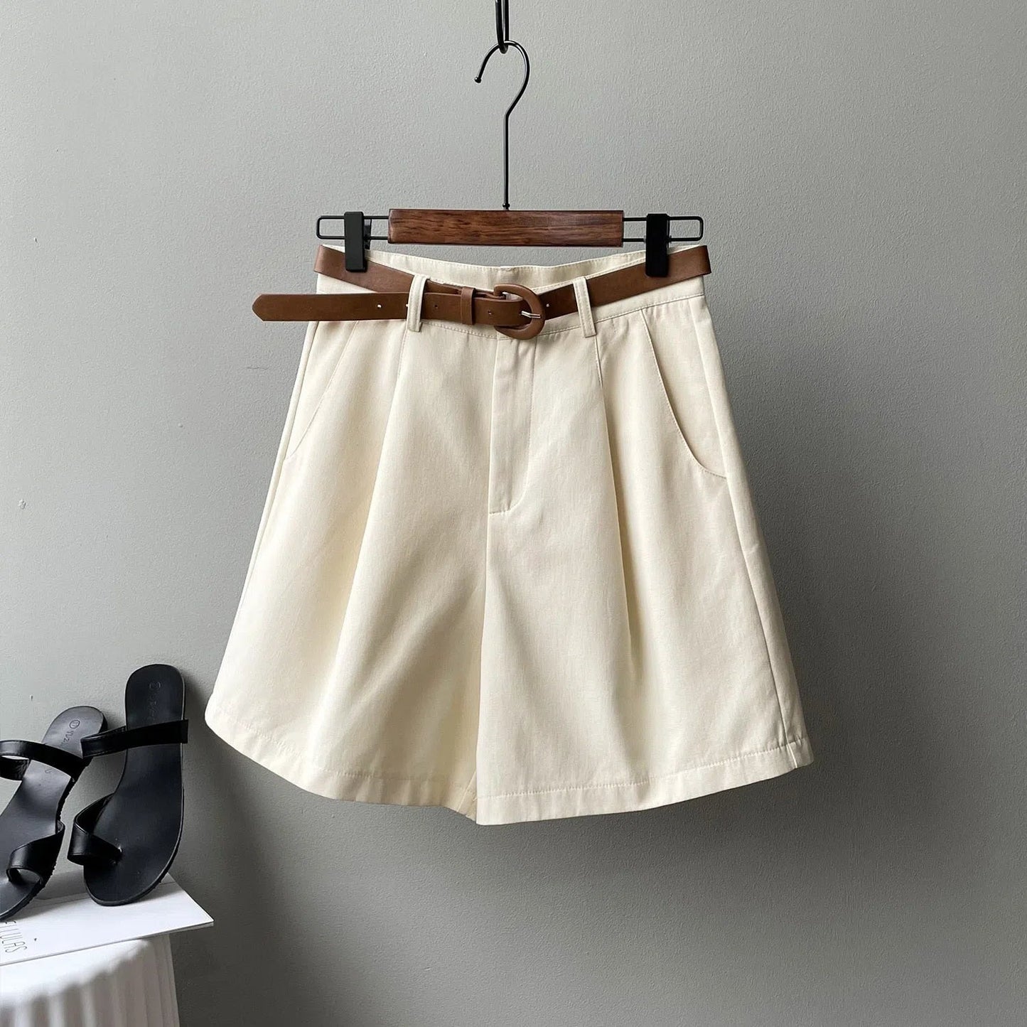 Women's Office Shorts Oversize Button Solid Classic With Belt-Maas