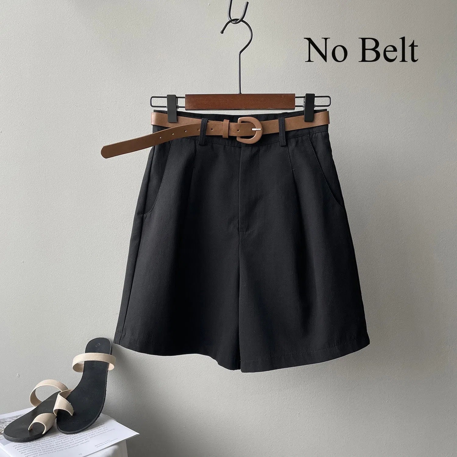 Women's Office Shorts Oversize Button Solid Classic With Belt-Maas