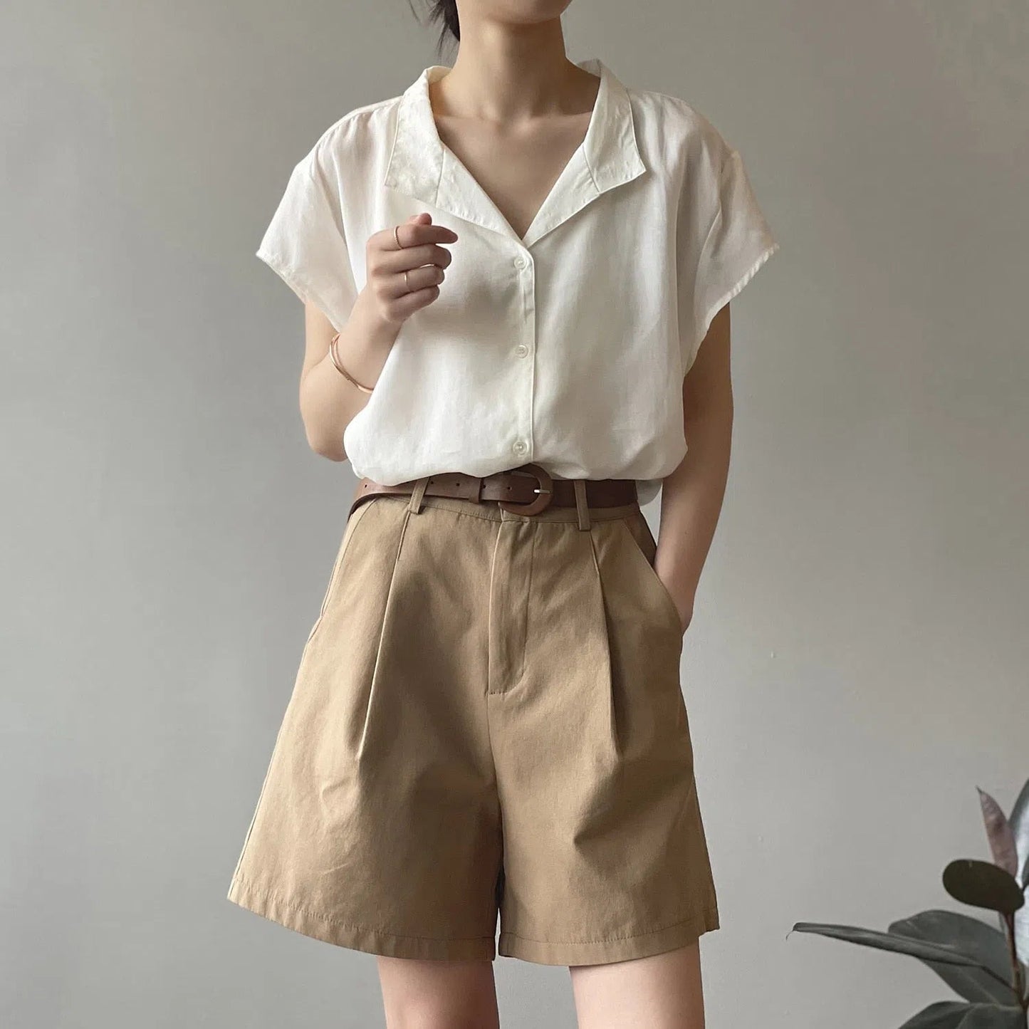 Women's Office Shorts Oversize Button Solid Classic With Belt-Maas