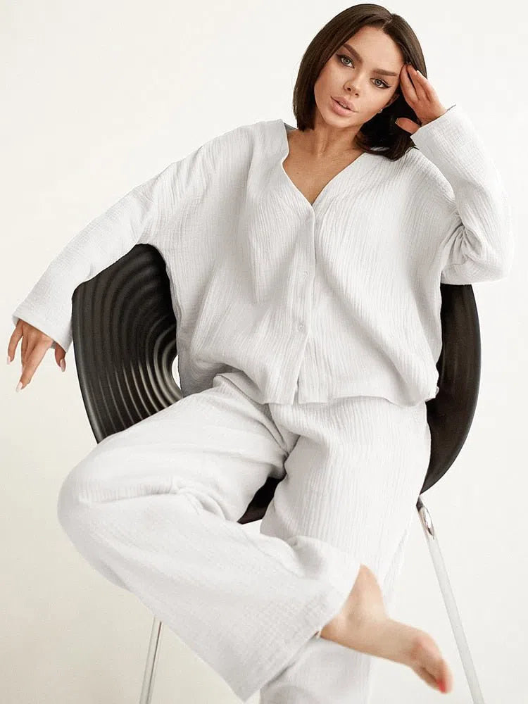 Women's Pure Cotton V Neck Single Breasted Wide 2 Pieces Pajama-Maas