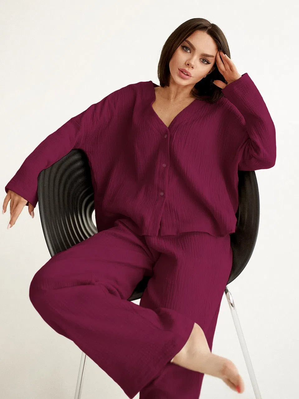 Women's Pure Cotton V Neck Single Breasted Wide 2 Pieces Pajama-Maas