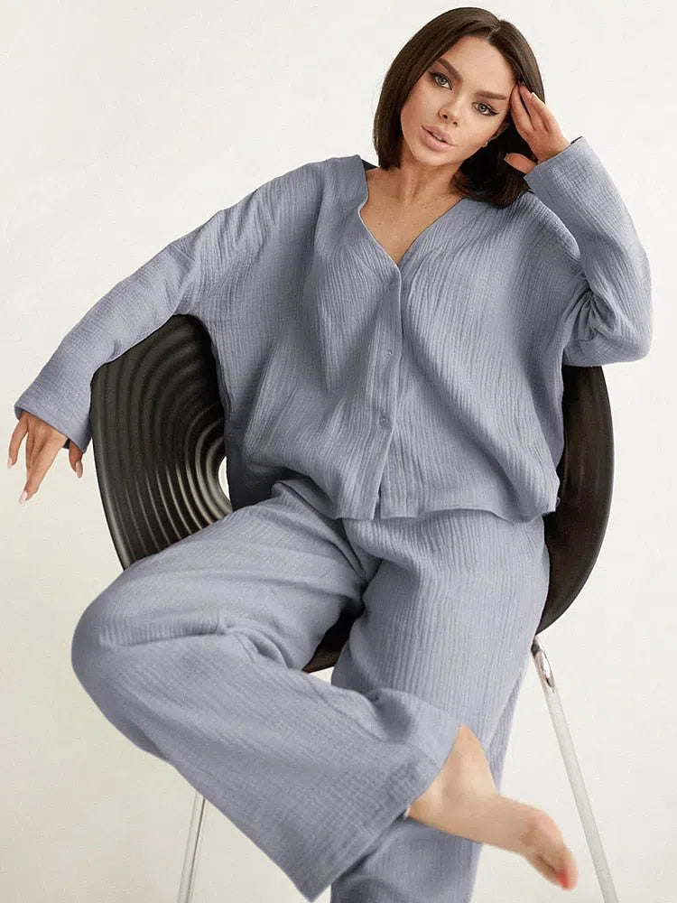 Women's Pure Cotton V Neck Single Breasted Wide 2 Pieces Pajama-Maas