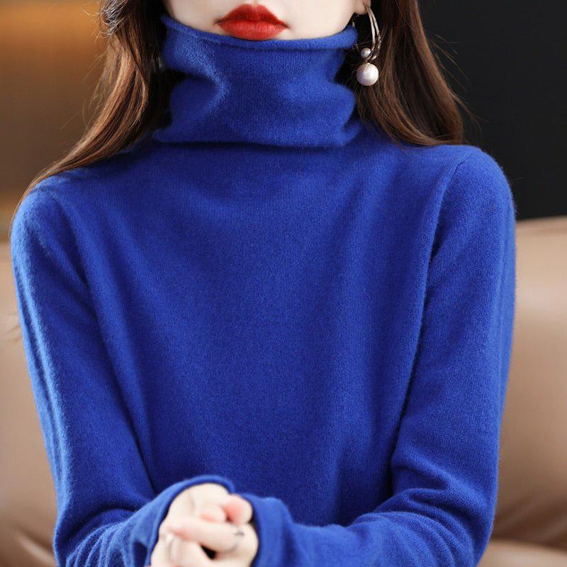 Women's Pure Wool Cashmere Sweater High Collar Pullover Top-Maas