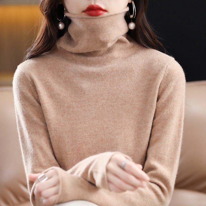 Women's Pure Wool Cashmere Sweater High Collar Pullover Top-Maas