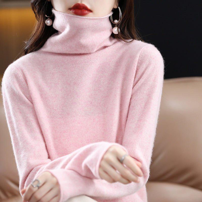 Women's Pure Wool Cashmere Sweater High Collar Pullover Top-Maas