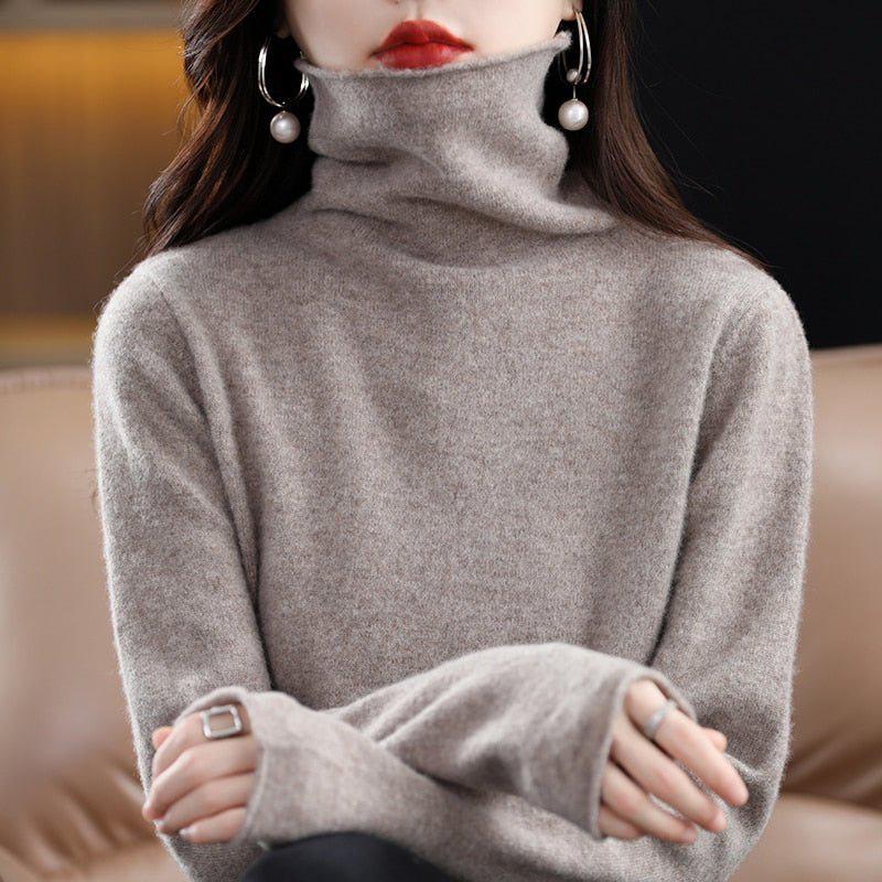 Women's Pure Wool Cashmere Sweater High Collar Pullover Top-Maas