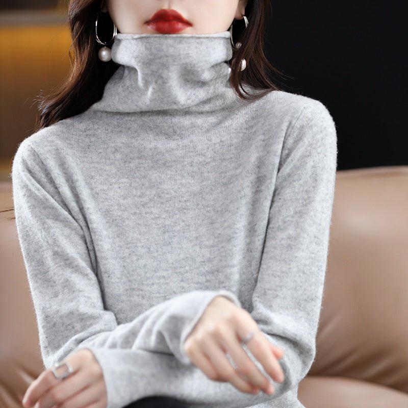 Women's Pure Wool Cashmere Sweater High Collar Pullover Top-Maas