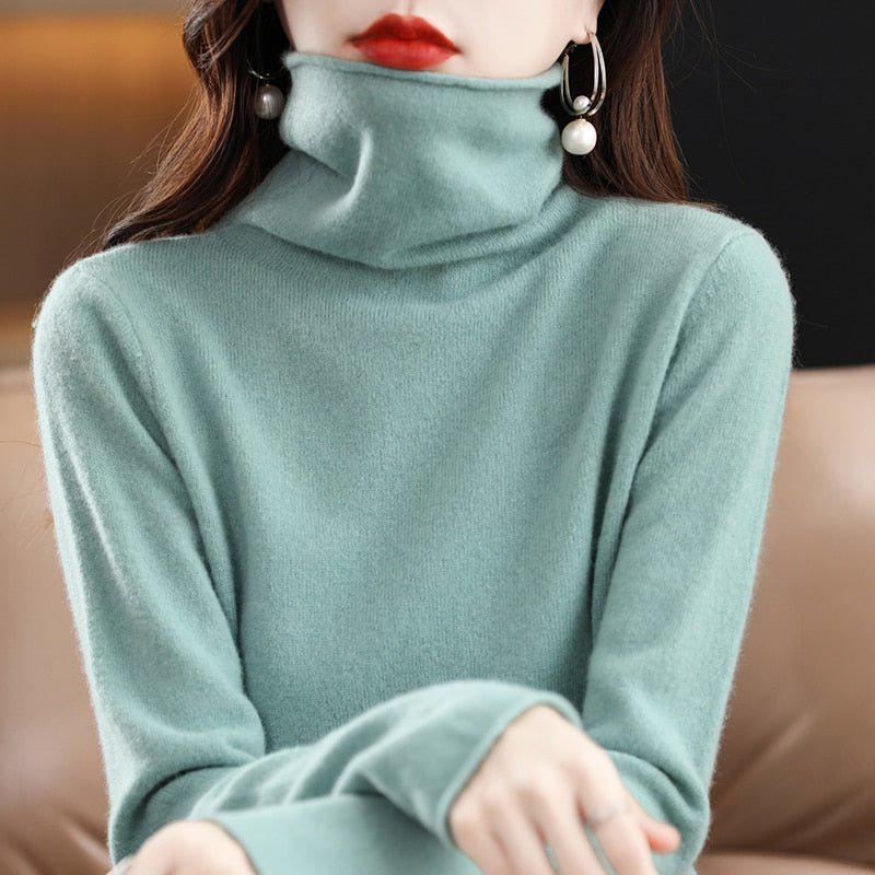 Women's Pure Wool Cashmere Sweater High Collar Pullover Top-Maas