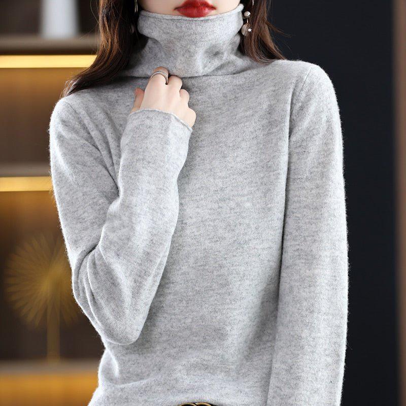 Women's Pure Wool Cashmere Sweater High Collar Pullover Top-Maas