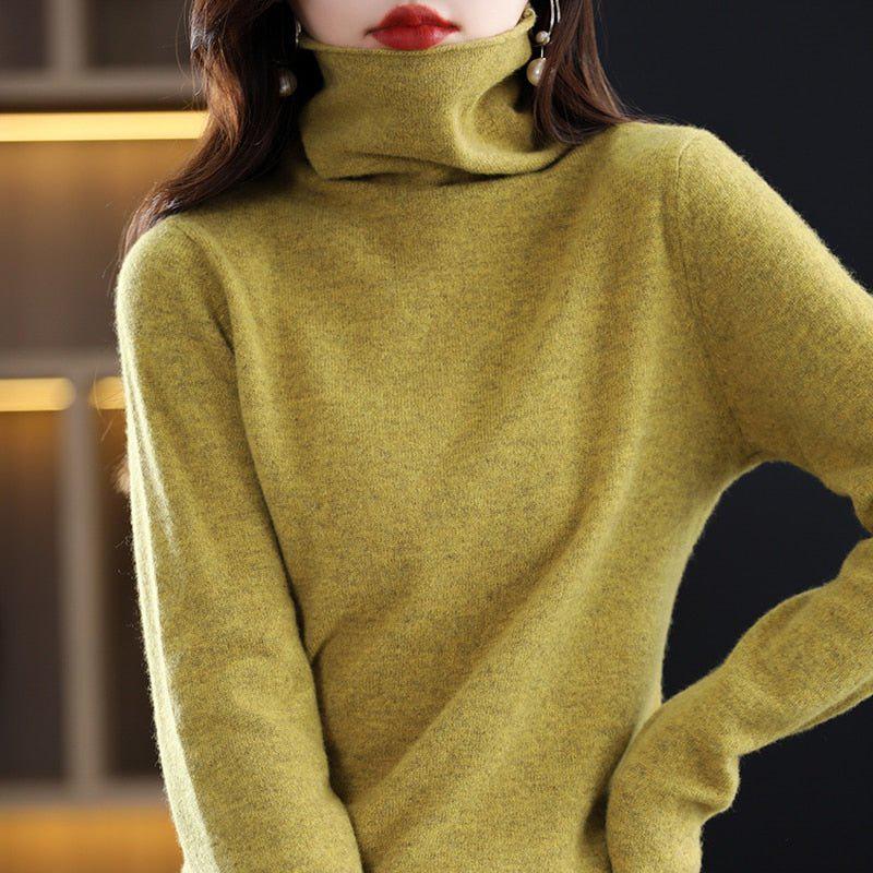 Women's Pure Wool Cashmere Sweater High Collar Pullover Top-Maas