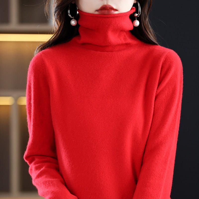 Women's Pure Wool Cashmere Sweater High Collar Pullover Top-Maas