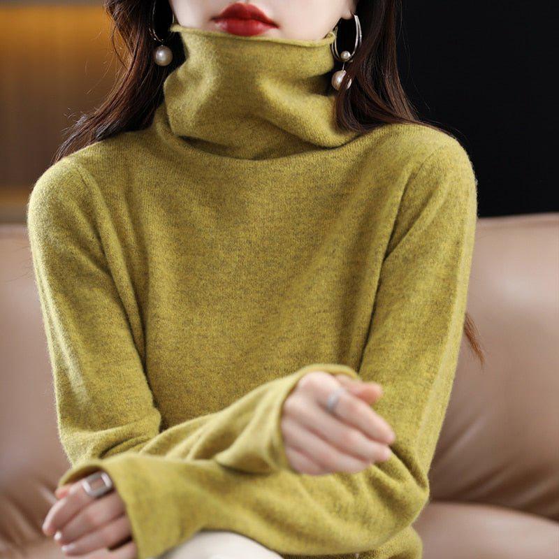 Women's Pure Wool Cashmere Sweater High Collar Pullover Top-Maas