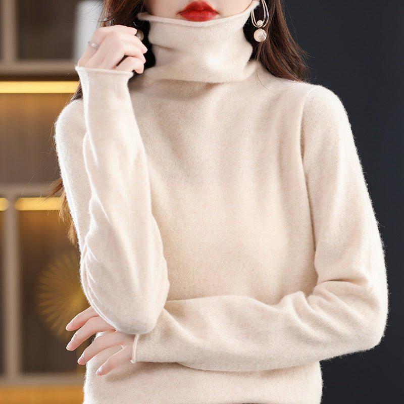 Women's Pure Wool Cashmere Sweater High Collar Pullover Top-Maas