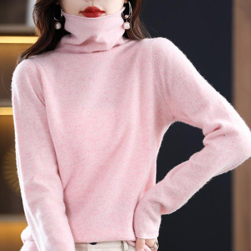 Women's Pure Wool Cashmere Sweater High Collar Pullover Top-Maas