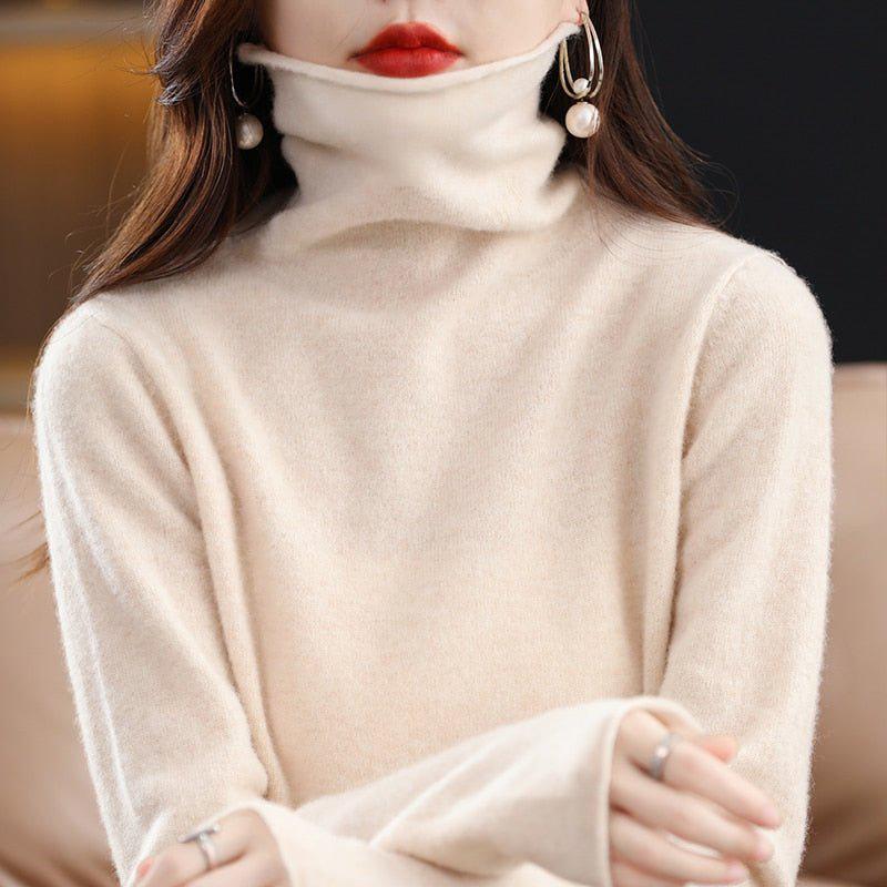 Women's Pure Wool Cashmere Sweater High Collar Pullover Top-Maas