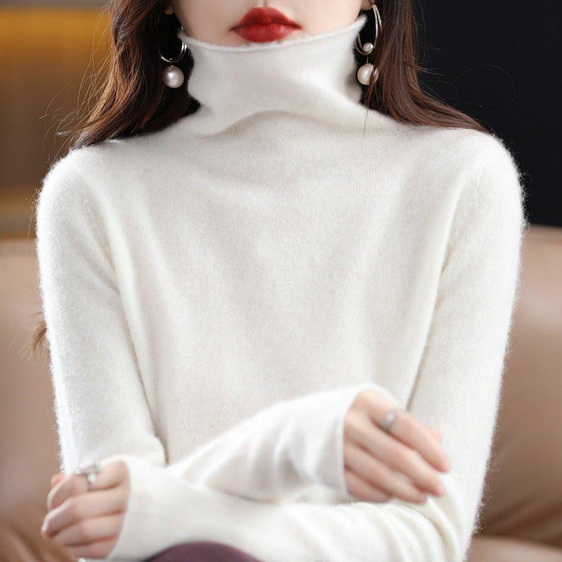 Women's Pure Wool Cashmere Sweater High Collar Pullover Top-Maas