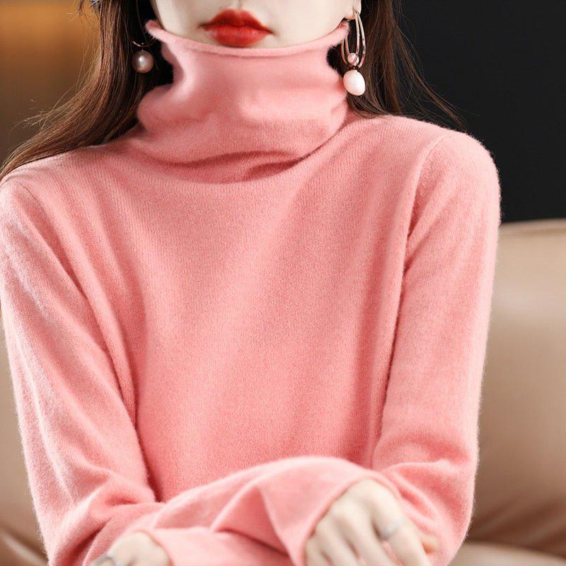 Women's Pure Wool Cashmere Sweater High Collar Pullover Top-Maas