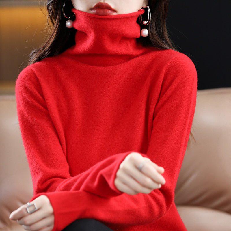 Women's Pure Wool Cashmere Sweater High Collar Pullover Top-Maas