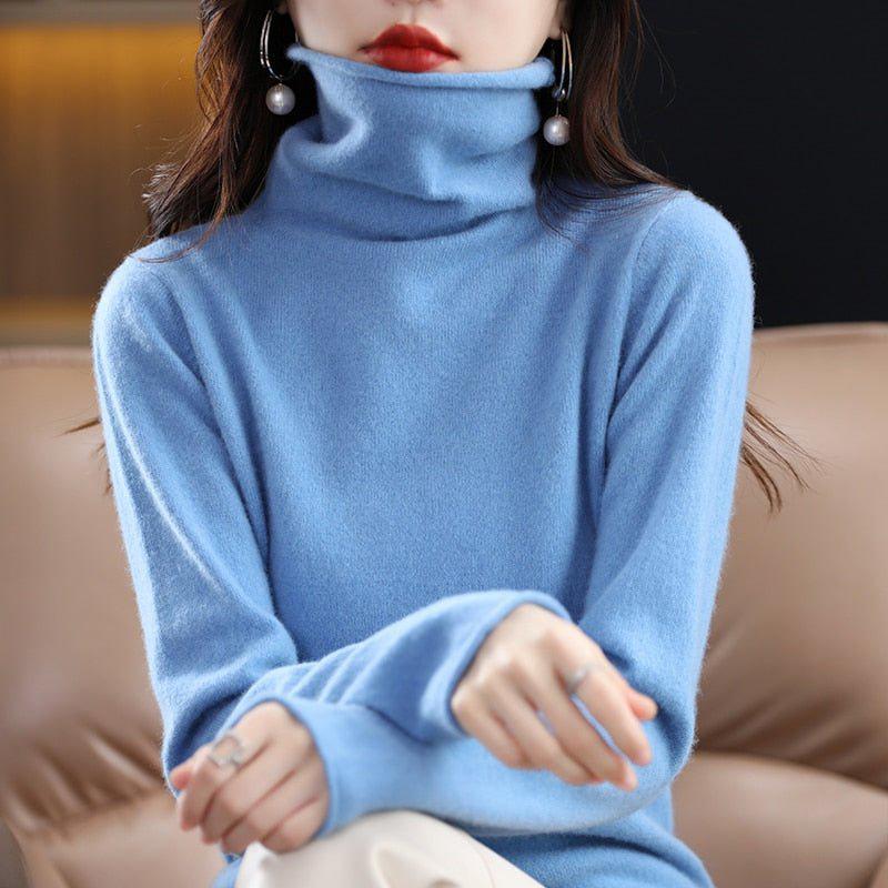 Women's Pure Wool Cashmere Sweater High Collar Pullover Top-Maas