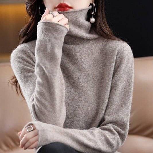 Women's Pure Wool Cashmere Sweater High Collar Pullover Top-Maas