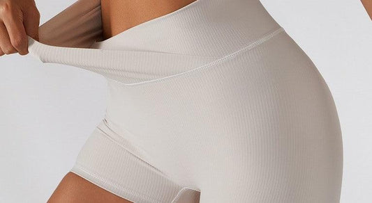 Women's Seamless Crossover Ribbed Yoga Shorts High Waist Workout Leggings Activewear-Maas