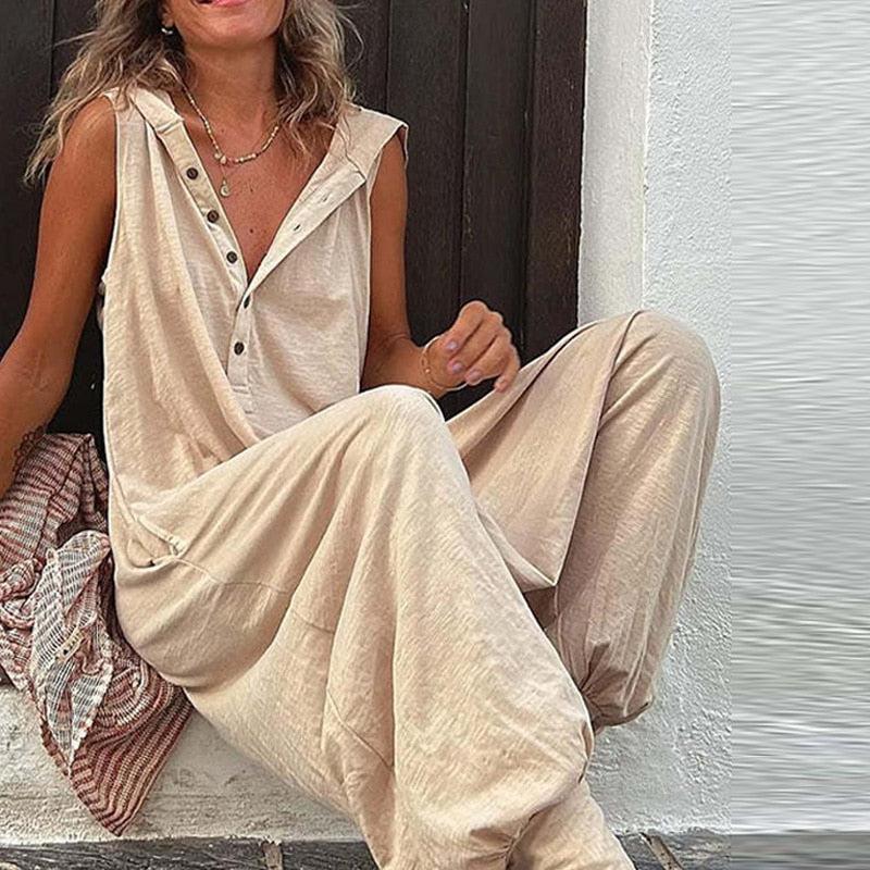 Women's Sleeveless Jumpsuit Loose Hooded Wide Leg Beach Romper-Maas