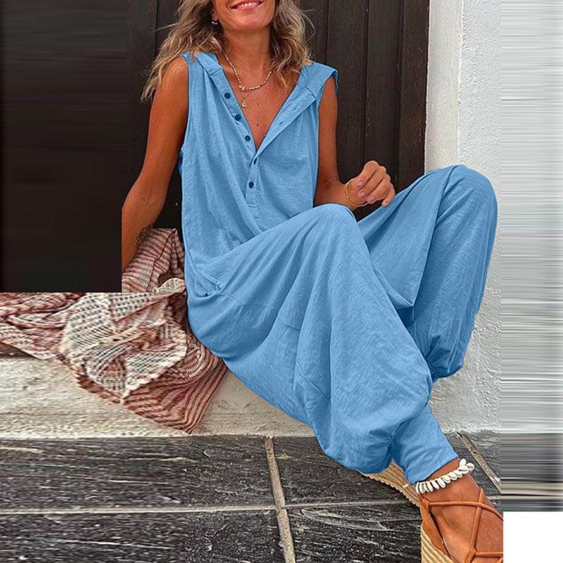 Women's Sleeveless Jumpsuit Loose Hooded Wide Leg Beach Romper-Maas