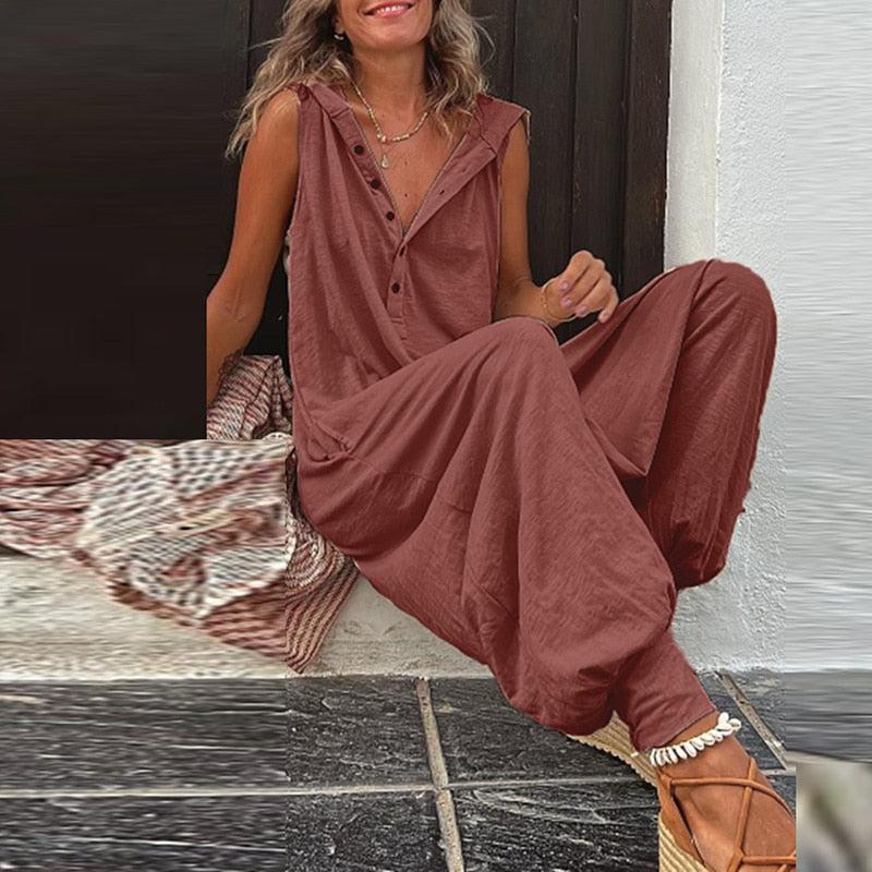 Women's Sleeveless Jumpsuit Loose Hooded Wide Leg Beach Romper-Maas